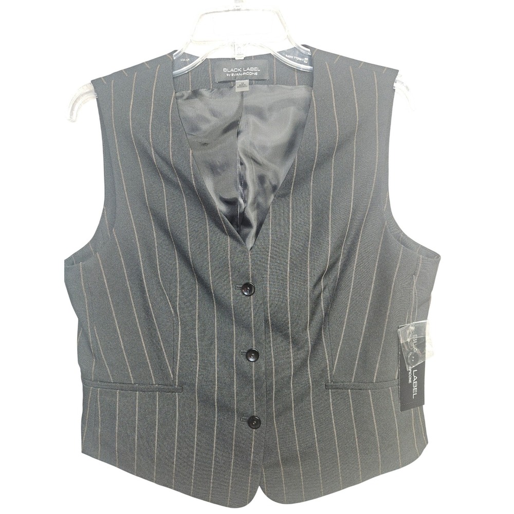 Black Label by Evan-Picone Women Black Pinstripe Button Front Vest Size 10 NWT